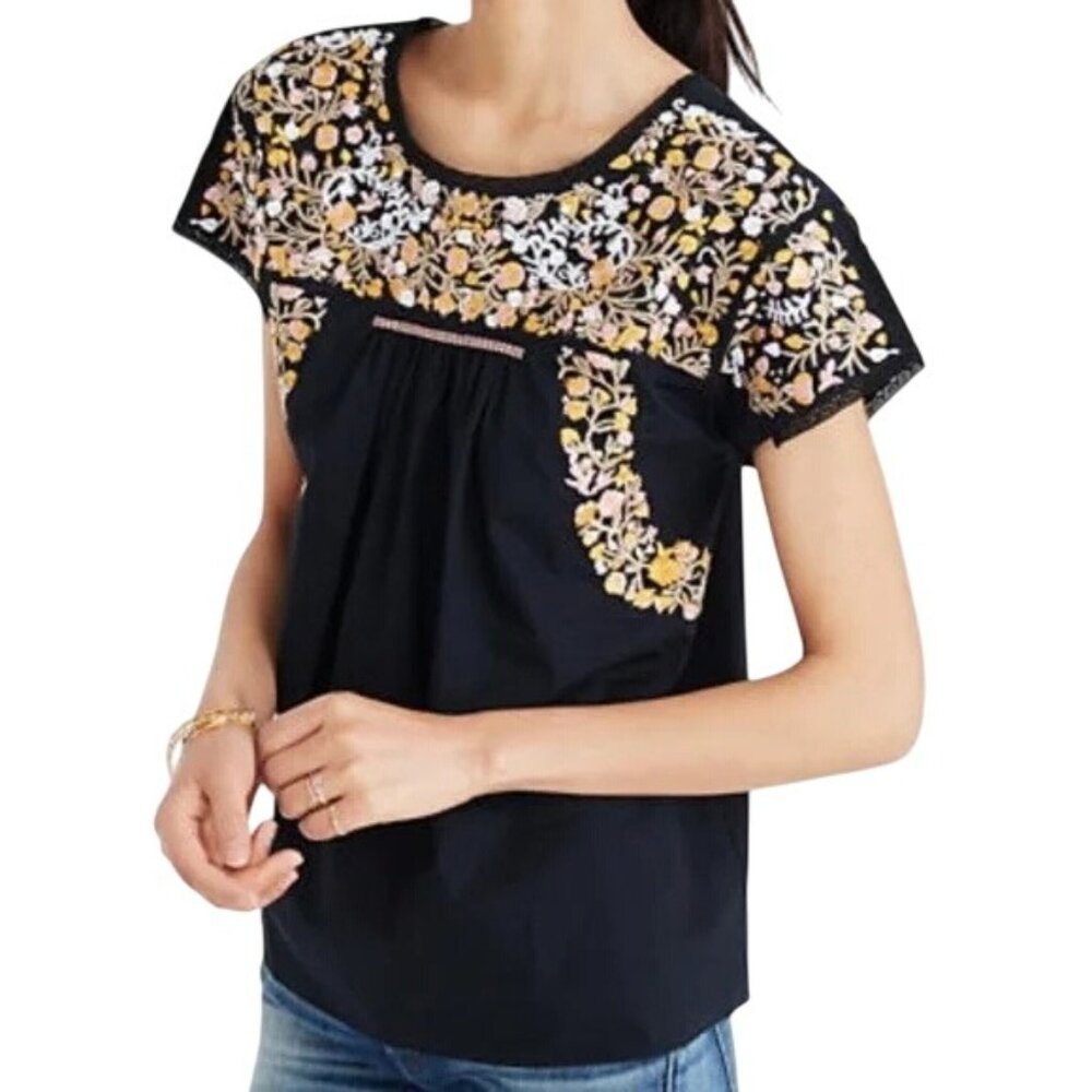 Madewell Floral Embroidered Springtime Blouse Size XS Black Multi Bohemian